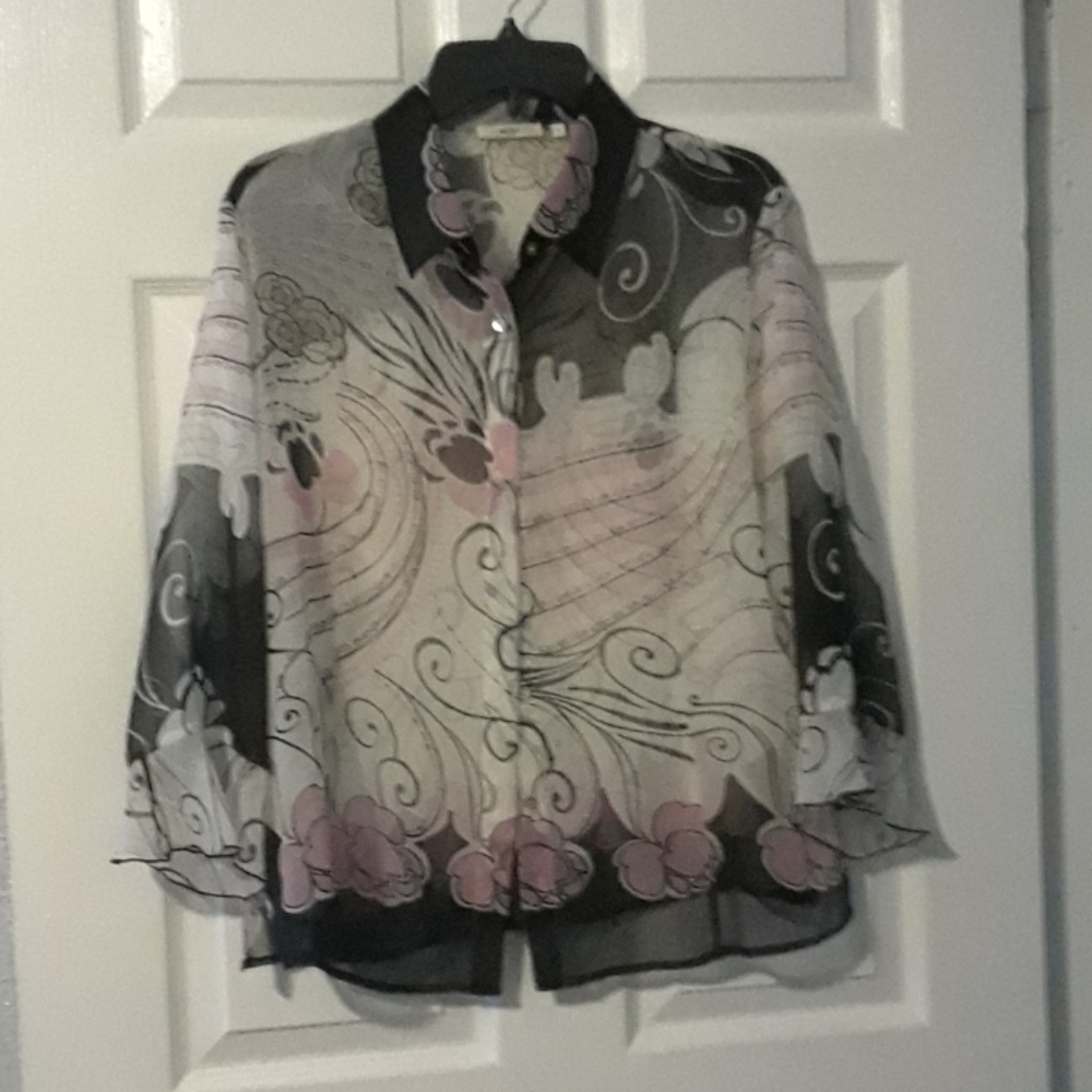 Pink and black print blouse